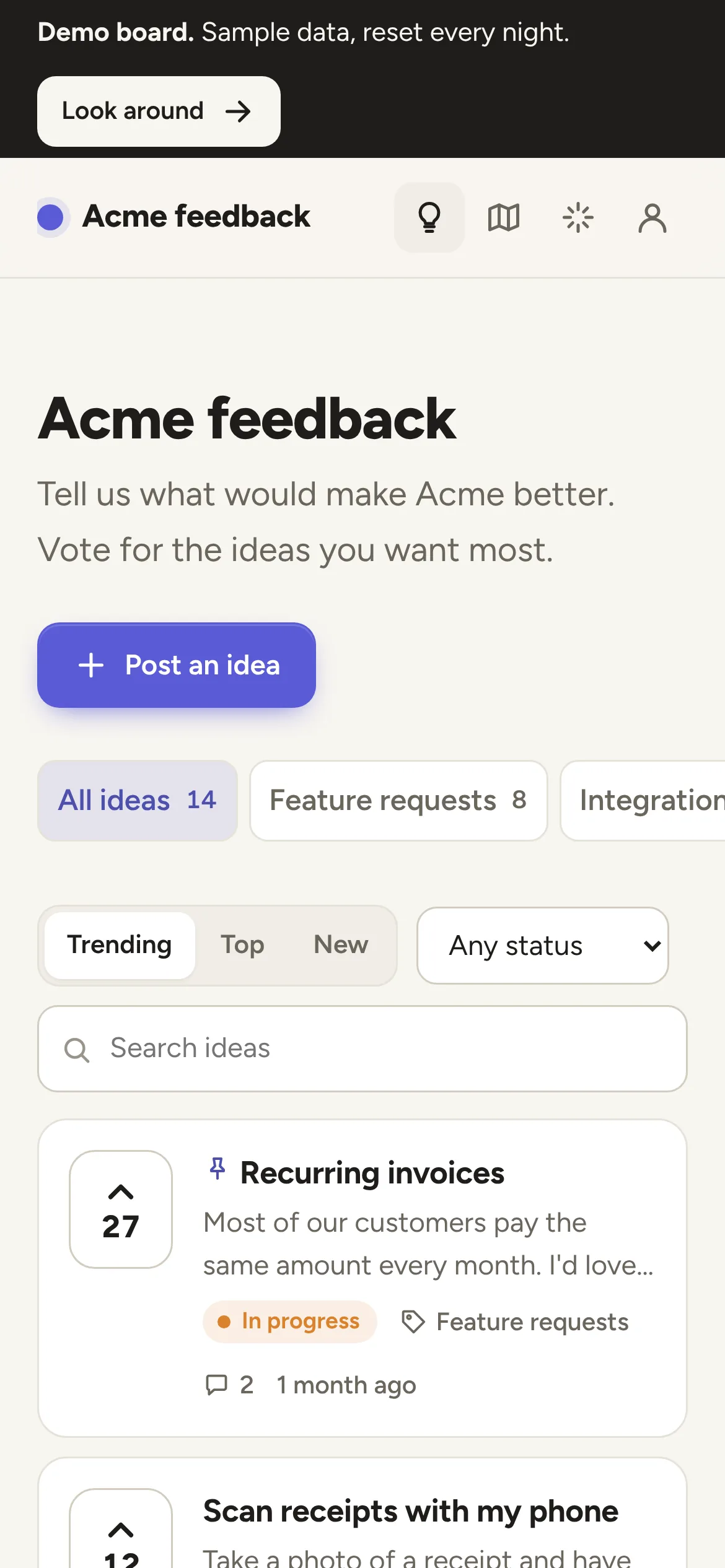 The same board on a phone, with Post an idea at the top.