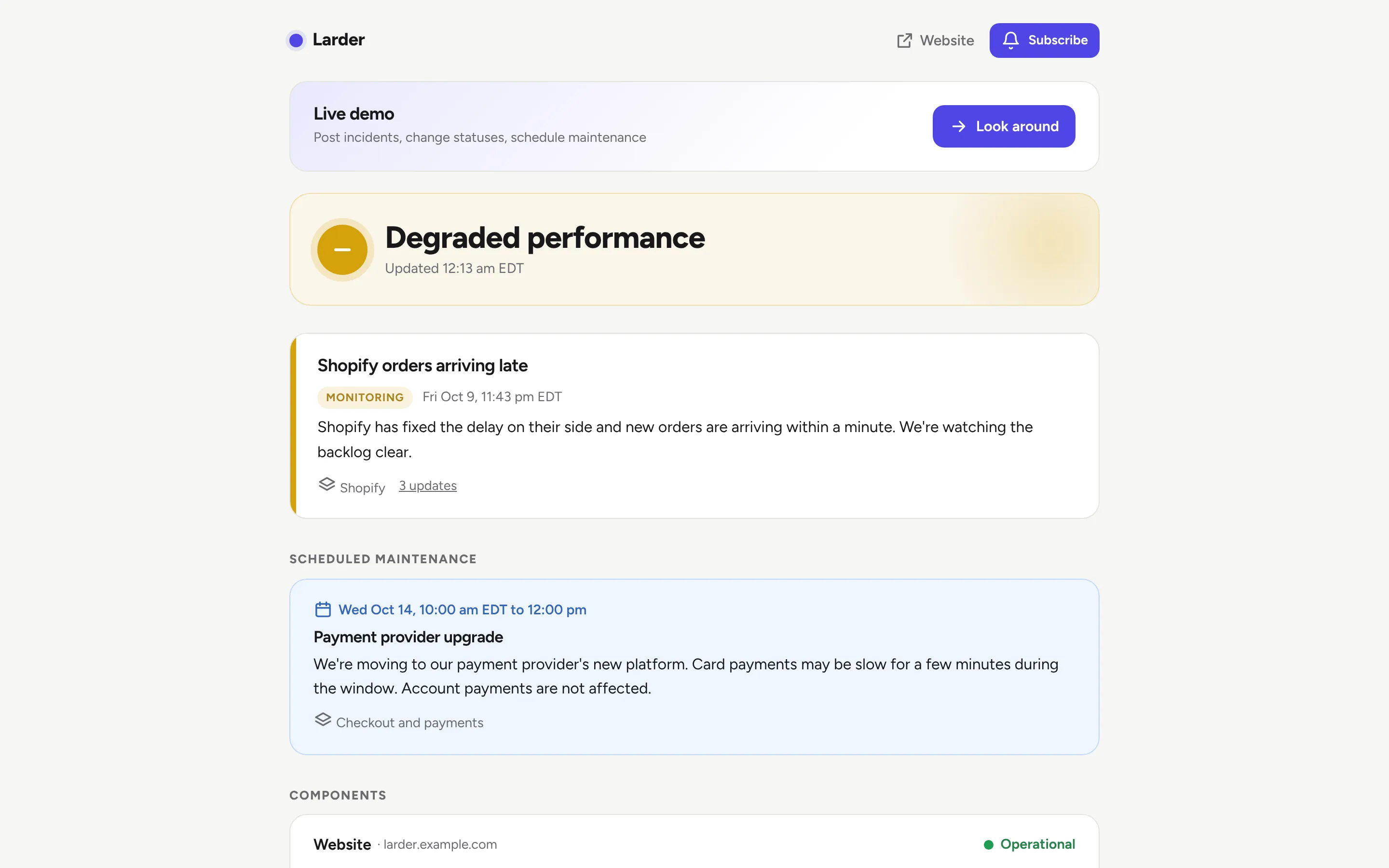 A status page: a banner saying how things are, then each component with 90 days of uptime bars.