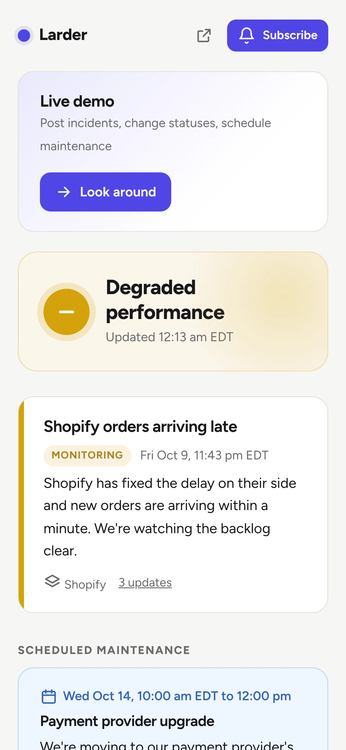 The same status page on a phone, with 30 days of uptime bars.