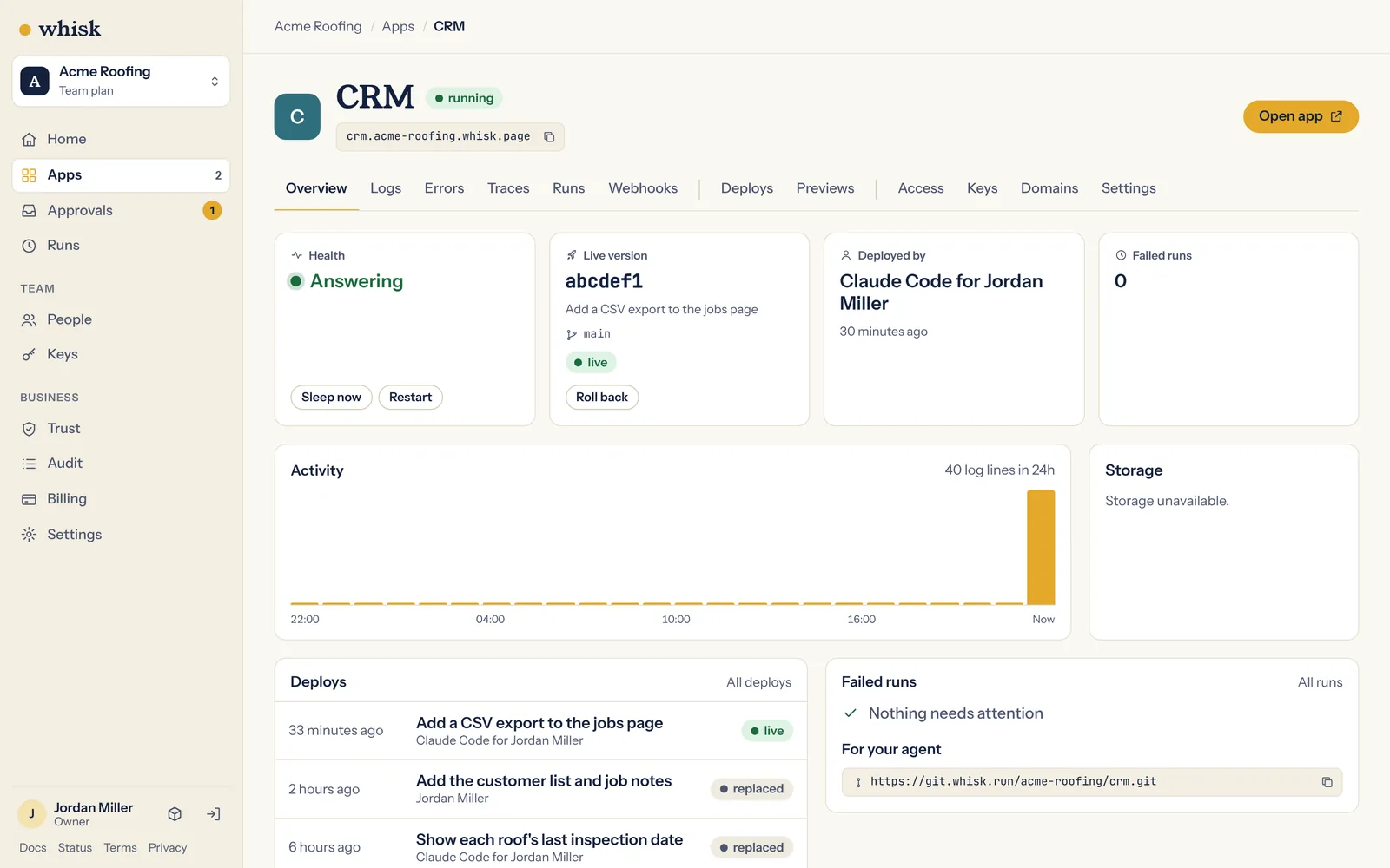 The app's page in the Whisk dashboard: running, its address and the version that's live