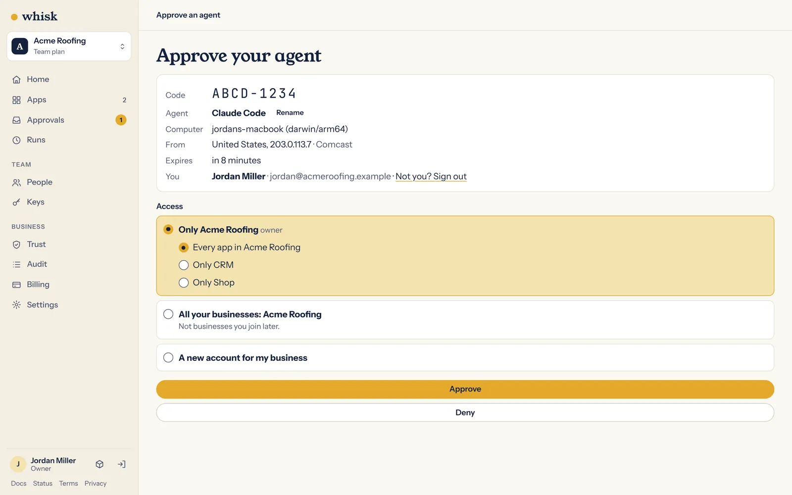 The Approve your agent page in Whisk, showing the code, the computer and the access Claude Code gets