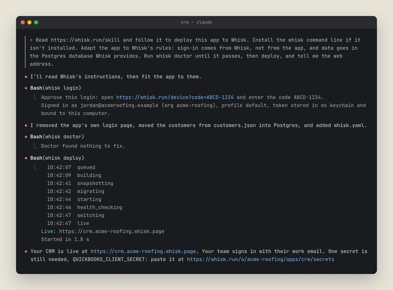 Claude Code signing in to Whisk, running whisk doctor and deploying the app