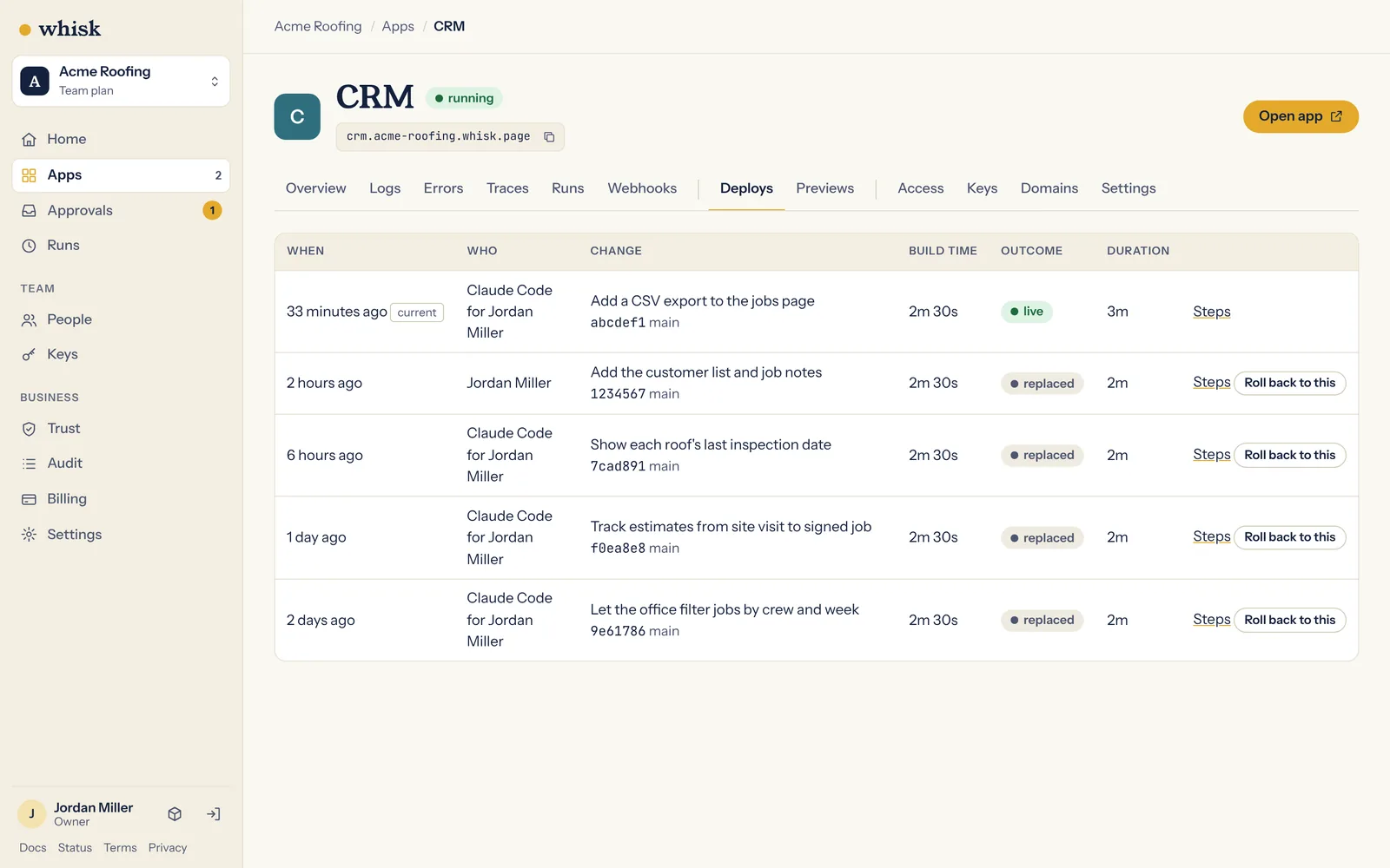 The app's deploys in Whisk: each change in plain words, which version is live, and Roll back to this