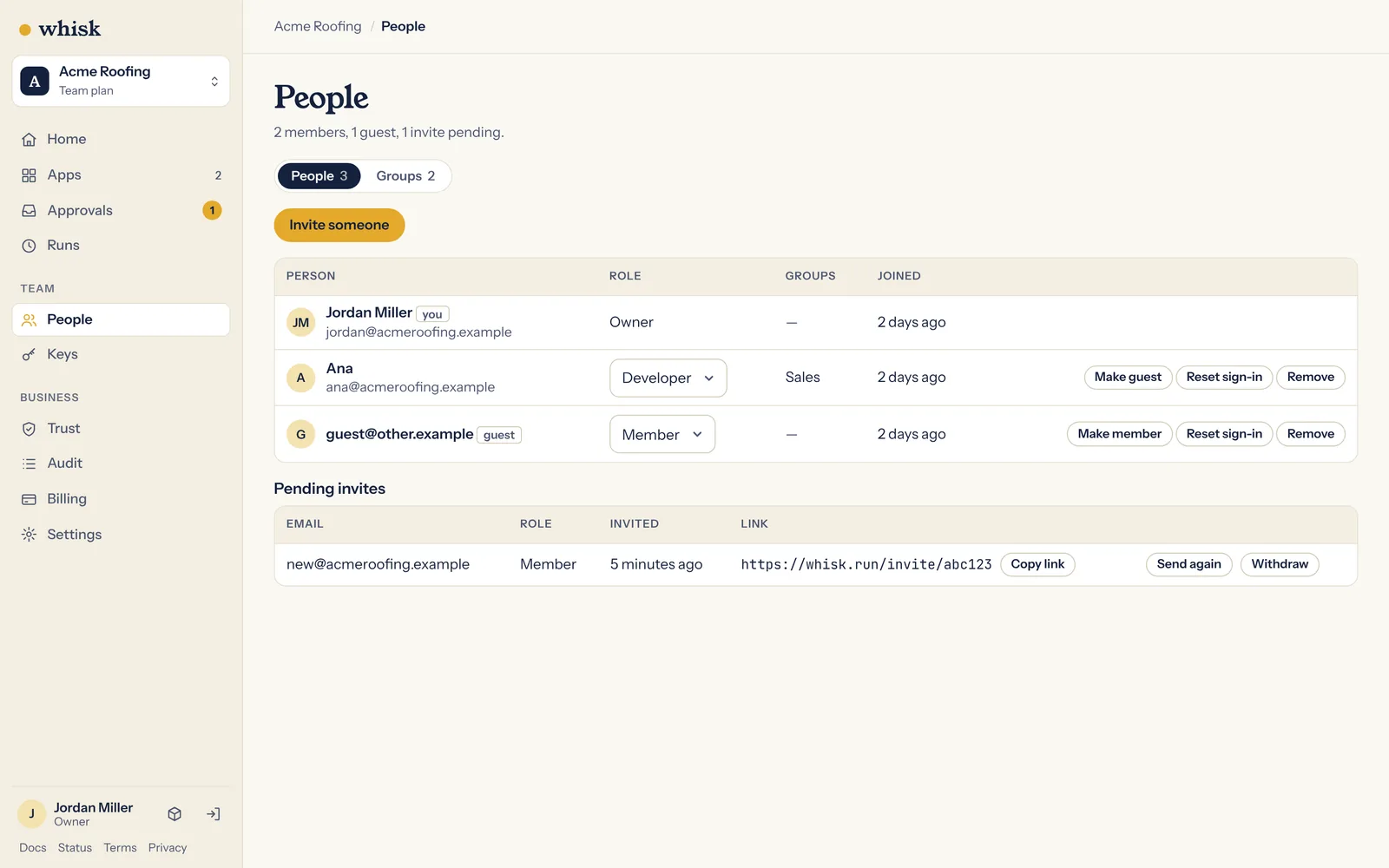 The People page in Whisk, with team members, roles and a pending invite