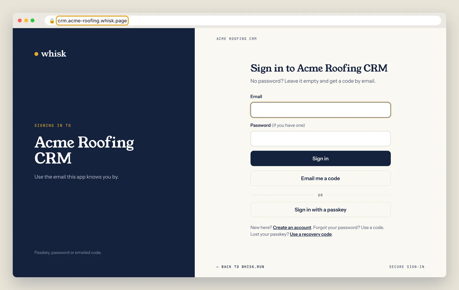 The live app at crm.acme-roofing.whisk.page, with Whisk's sign-in in front of it